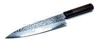 Professional chef knife with hammered Damascus steel blade and dark wooden handle, isolated on white background for culinary design and kitchen product use.