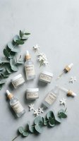 Natural organic skincare products arranged with eucalyptus branches and white flowers on marble surface for spa wellness beauty routine.