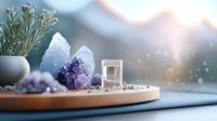 Healing crystals and amethyst clusters on wooden tray with rosemary plant and glass of water, creating zen atmosphere against soft bokeh background.