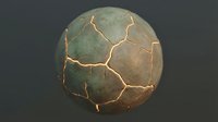 Cracked stone sphere with golden fracture lines on dark background, suitable for game textures, fantasy environments, and digital design projects.