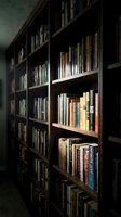 Wooden bookshelf filled with colorful books in dimly lit library or study room creating cozy reading atmosphere for education and literature concepts.