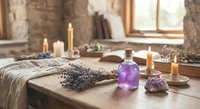 Cozy spa wellness setup with lavender bundles, purple essential oil bottle, amethyst crystals and burning candles on rustic wooden table for relaxation.
