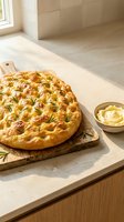 Freshly baked focaccia bread with rosemary and sea salt on wooden board, served with butter in modern kitchen with natural light.