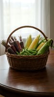 Woven basket filled with fresh purple and yellow corn with green husks on wooden table near window with natural light.