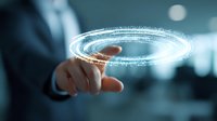 Businessman touching glowing digital circle interface with finger, futuristic technology concept for business innovation and digital transformation.