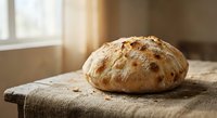 Freshly baked artisan bread loaf with golden crust and seeds resting on rustic burlap cloth near sunny window for bakery and homemade cooking concepts.