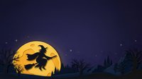 Witch flying on broomstick silhouette against full moon with stars and trees, Halloween night scene for seasonal designs and holiday projects.
