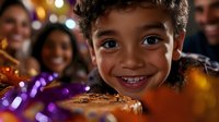 Young boy with bright smile holding chocolate chip cookie at festive holiday party with colorful bokeh lights and cheerful people in background.