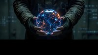 Hands holding a glowing neural network sphere with blue and orange light connections, symbolizing AI, data, and future technology concepts.