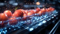 Red spherical Christmas ornaments with glitter sparkles on dark reflective surface. Festive holiday decorations with magical bokeh lights and shallow depth of field.