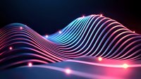 Glowing wavy lines in neon blue and pink colors create dynamic motion effect against dark background, abstract technology concept for modern design projects.