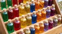 Colorful glass bottles filled with various liquid extracts, oils, and tinctures arranged in wooden display box for aromatherapy, wellness, and natural product retail.