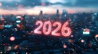 Glowing pink neon 2026 number floating over blurred urban cityscape with bokeh lights and raindrops on window creating dreamy atmospheric effect.