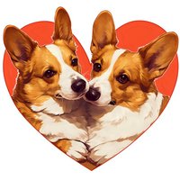 Two loving Pembroke Welsh Corgi dogs touching noses inside red heart shape, romantic valentines concept for pet lovers and greeting cards.