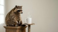 Curious raccoon sitting on wooden stool next to white coffee mug in minimalist indoor setting with natural lighting for wildlife and home decor concepts.