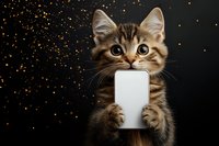 Adorable tabby kitten holding blank white card against festive black background with golden lights for holiday greeting cards and promotional materials.