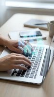 Hands typing on laptop with digital home icons floating above keyboard representing smart home technology and real estate automation for modern living.