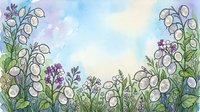 Watercolor garden scene with white snowdrop flowers and purple blooms framed by soft pastel sky, suitable for spring designs and botanical artwork.