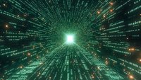 Digital matrix tunnel with streaming binary code and glowing green light in center, creating futuristic cyber space perspective with data flow effect.