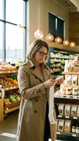 Middle-aged woman with shoulder-length blonde hair and glasses wearing a beige trench coat, reading a product label in a modern grocery store with fresh produce displays and warm pendant lighting overhead.