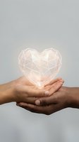 Hands holding glowing geometric heart shape with polygonal wireframe design symbolizing love care and protection on neutral background.