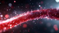 Glowing red wave of particles with bokeh effect on dark background creates dynamic motion trail, suitable for technology and science presentations.