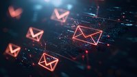 Glowing red email icons floating in digital cyberspace with binary code background, representing electronic communication and data transfer in modern network.