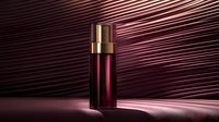 Luxury cosmetic bottle on dark burgundy background with dramatic lighting and diagonal shadow lines. Premium skincare packaging mockup for beauty industry.