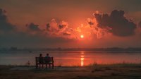Romantic sunset over calm lake with couple sitting on wooden bench watching golden sun reflection on water creating peaceful evening atmosphere.