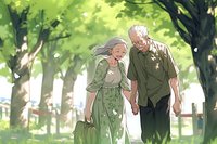 Elderly Asian couple walking hand in hand through lush green park, woman in dress carrying bag, man in casual shirt, surrounded by sunlit trees.