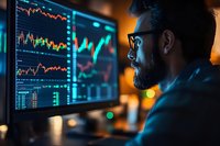 Bearded Asian male trader in glasses analyzing financial market data on multiple screens with stock charts and graphs in dark office environment.