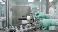 Pharmaceutical technician in green gloves operating automated production equipment in sterile manufacturing facility for drug quality control processes.