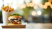 Double cheeseburger with fresh lettuce, tomatoes and melted cheese served with crispy french fries against blurred bokeh background for restaurant menu.
