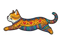 Colorful ornamental cat with intricate ethnic patterns jumping in decorative folk art style isolated on white background for creative design projects.