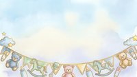 Watercolor baby shower garland with teddy bears, rattles, and pastel bunting on soft blue sky background, isolated for nursery decor and greeting card design.