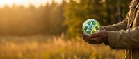 Unrecognizable person holding recycling symbol globe in natural outdoor setting during golden hour, representing environmental sustainability and eco-friendly practices.