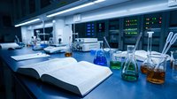 Modern laboratory interior with colorful chemical solutions in glass beakers, open research notebook and advanced equipment for scientific experiments.