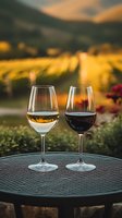 Two wine glasses, red and white wine on outdoor table against blurred vineyard landscape at golden sunset. Romantic wine tasting atmosphere in countryside setting.