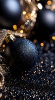 Elegant black and gold Christmas ornaments with glittering bokeh background, creating luxurious holiday atmosphere for festive designs.