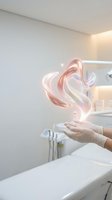 Glowing heart-shaped energy floating above hands in modern medical spa treatment room for wellness and healing therapy concepts.