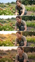 Young Caucasian woman farmer tending colorful zinnia flowers in organic garden during golden hour sunset, sustainable agriculture and farming lifestyle.