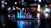 Futuristic glowing city skyline hologram with colorful neon buildings and reflections on dark surface against blurred bokeh lights background. Modern technology concept.