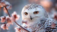 Snowy owl with striking yellow eyes perched on frost-covered branch with winter berries, wildlife and nature photography for seasonal and animal-themed projects.