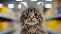 Adorable fluffy gray tabby kitten with bright yellow eyes looking directly at camera in pet store with colorful blurred background for animal care concepts.