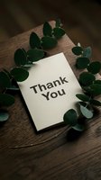 Thank you card on rustic wooden surface surrounded by eucalyptus leaves, expressing gratitude and appreciation for weddings or events.