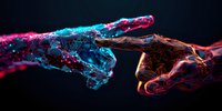 Digital network hand reaching towards glowing finger in dark space, featuring vibrant neon pink and blue polygon mesh design against black background. Modern technology concept.