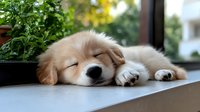 Sleeping Golden Retriever puppy lying on windowsill next to potted plant, natural daylight illuminating soft cream-colored fur, peaceful domestic scene.