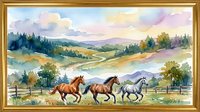 Watercolor painting of three horses trotting through rolling countryside landscape with river, trees, and mountains under soft pastel sky.