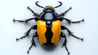 Black and yellow beetle with detailed texture and shiny carapace isolated on light background, macro photography view showing intricate insect anatomy and patterns.