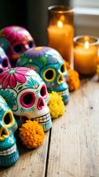 Colorful sugar skulls with floral patterns and marigold flowers alongside glowing candles on wooden surface for Day of the Dead celebration and altar decoration.